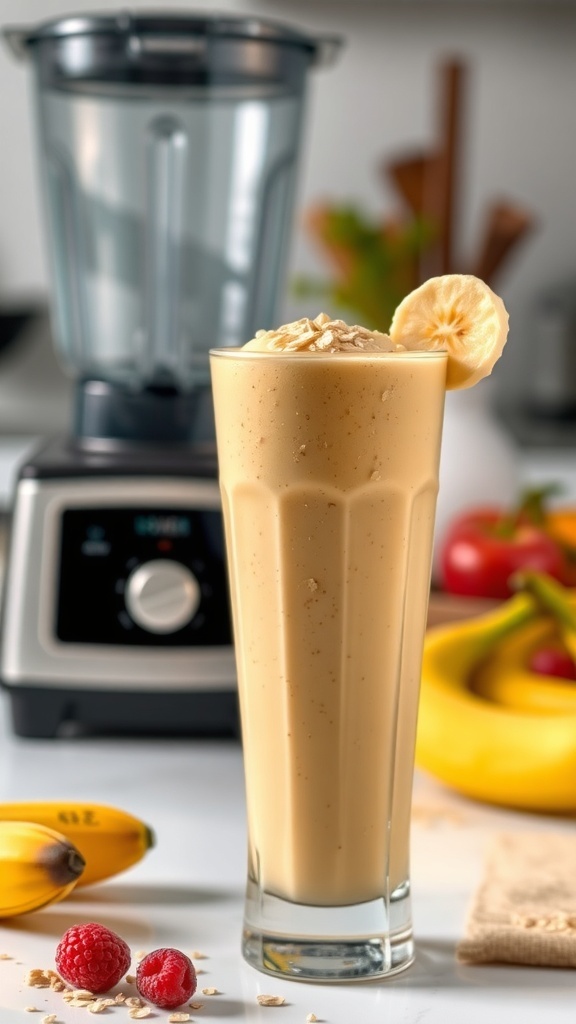 A tall glass of oat smoothie topped with banana slices and oats, with fruits and a blender in the background.